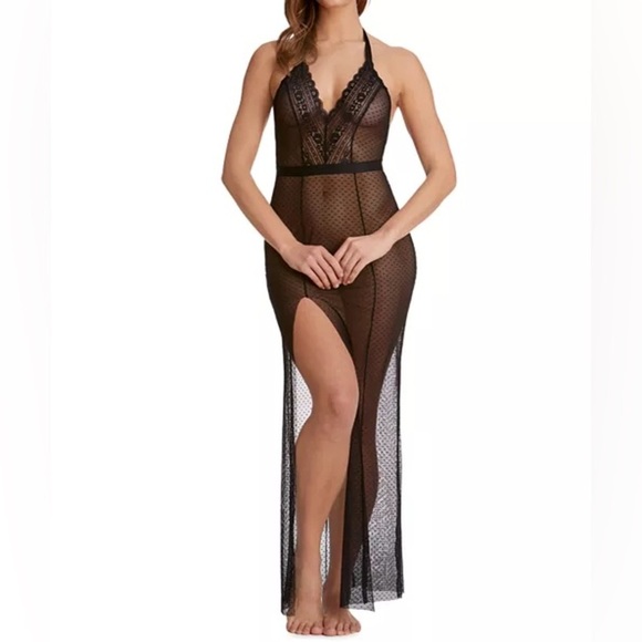 MONIQUE LHUILLIER x HANKY PANKY Rendezvous Black Tulle Sheer Maxi Slip Dress - Picture 1 of 10